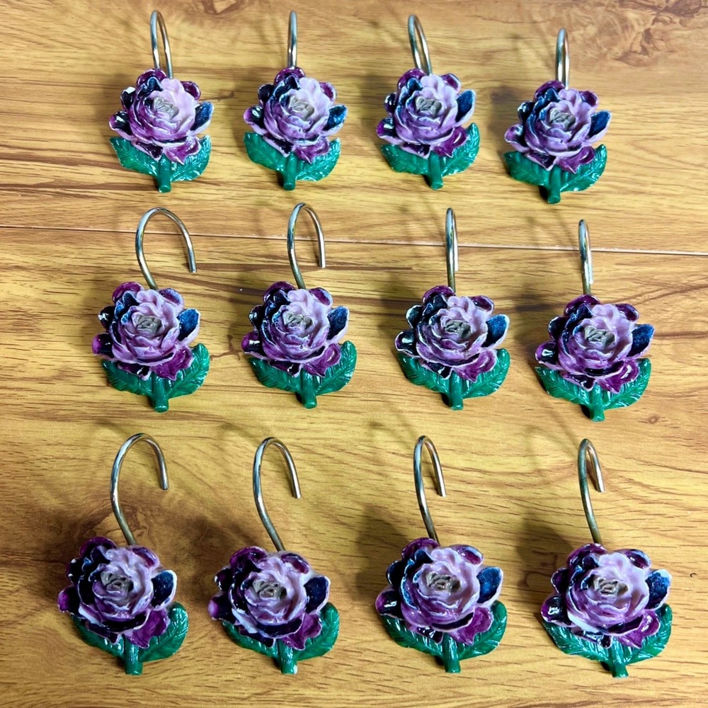 Vintage Bordeaux Floral Resin Shower Hooks Set of‎ 12 Purple Cottage Shabby Chic